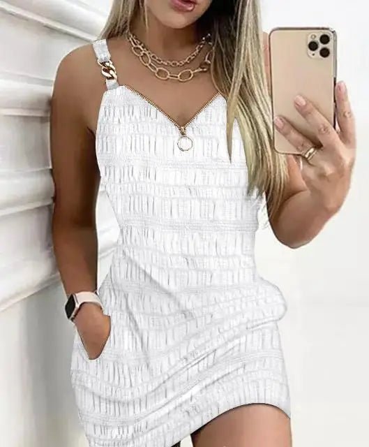 Vestidos elegantes para mulheres sexy decote em V zíper design texturizado suspensório mini vestido nova moda 2025 - SHAMYS ONLINE SHOPPING