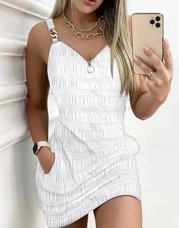 Vestidos elegantes para mulheres sexy decote em V zíper design texturizado suspensório mini vestido nova moda 2025 - SHAMYS ONLINE SHOPPING